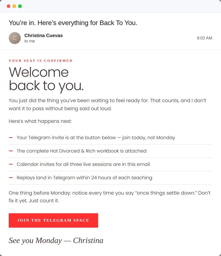 The welcome email you receive after enrolling, containing the Telegram invite and the workbook